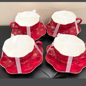 Set Of 4 Elegance Porcelain Red Gold Snowflake 14oz Gold Rim Tea Cups & Saucers
